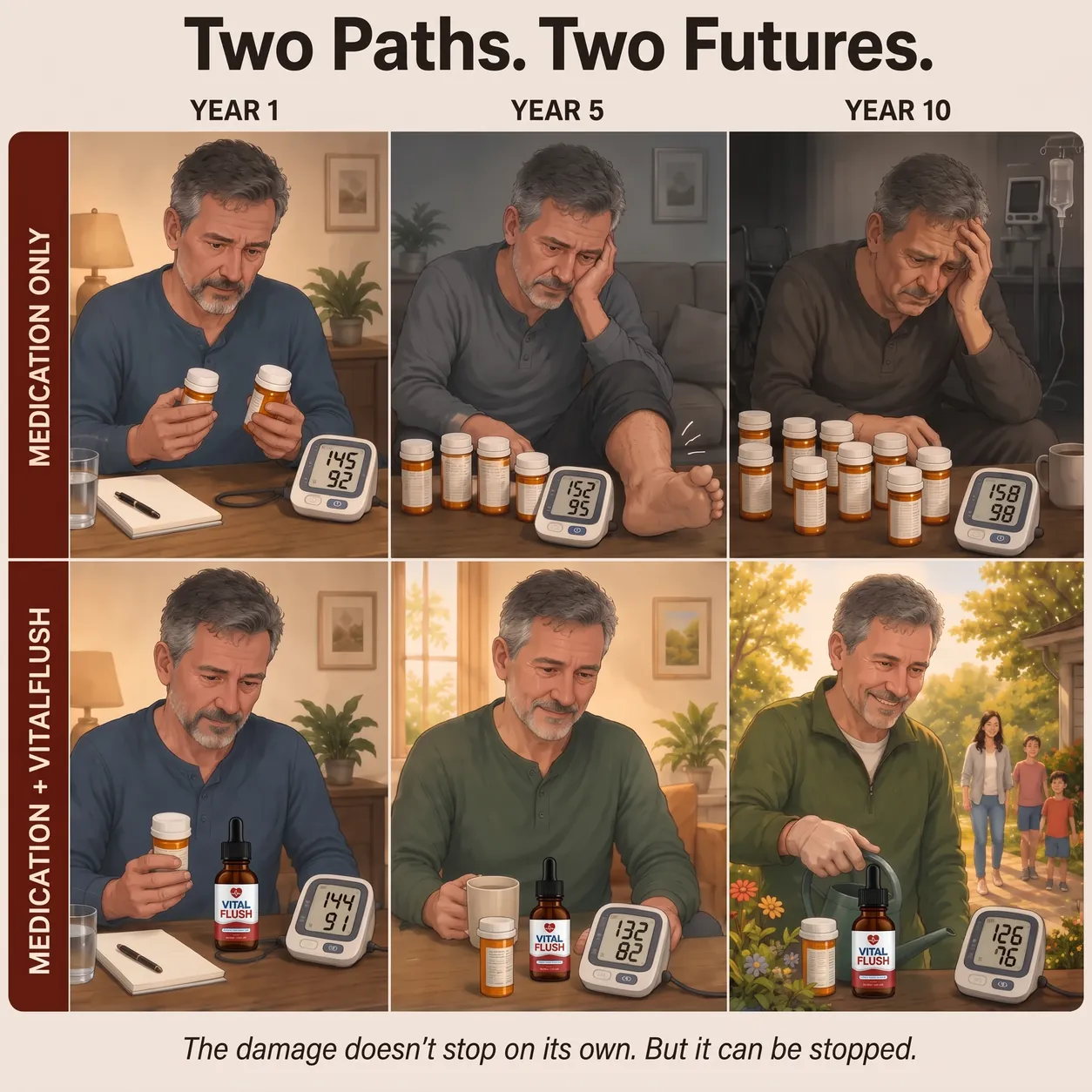 Two paths over 10 years: medication only, or medication plus VitalFlush